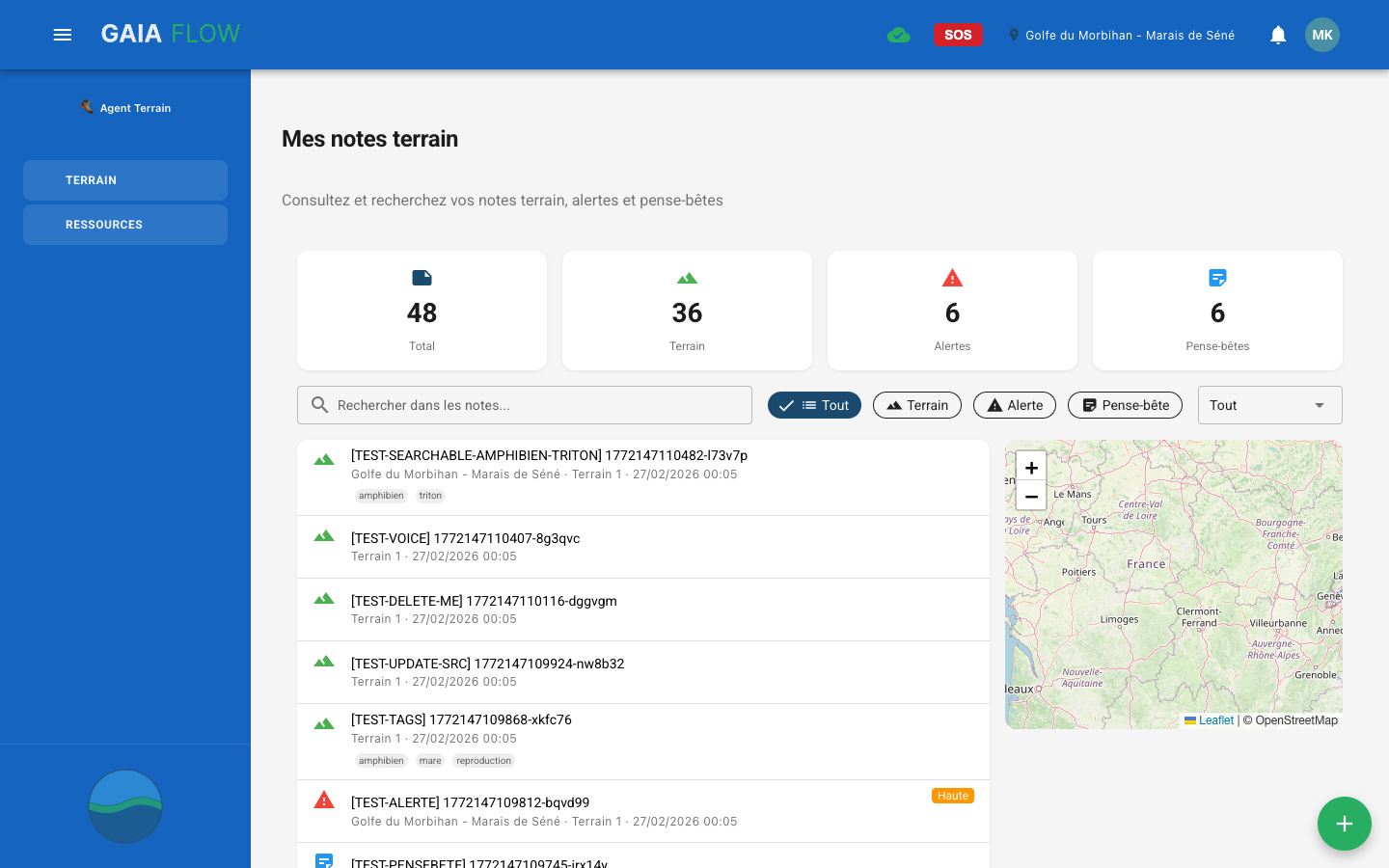 Notes de terrain - Liste des notes avec tags, GPS et transcription vocale