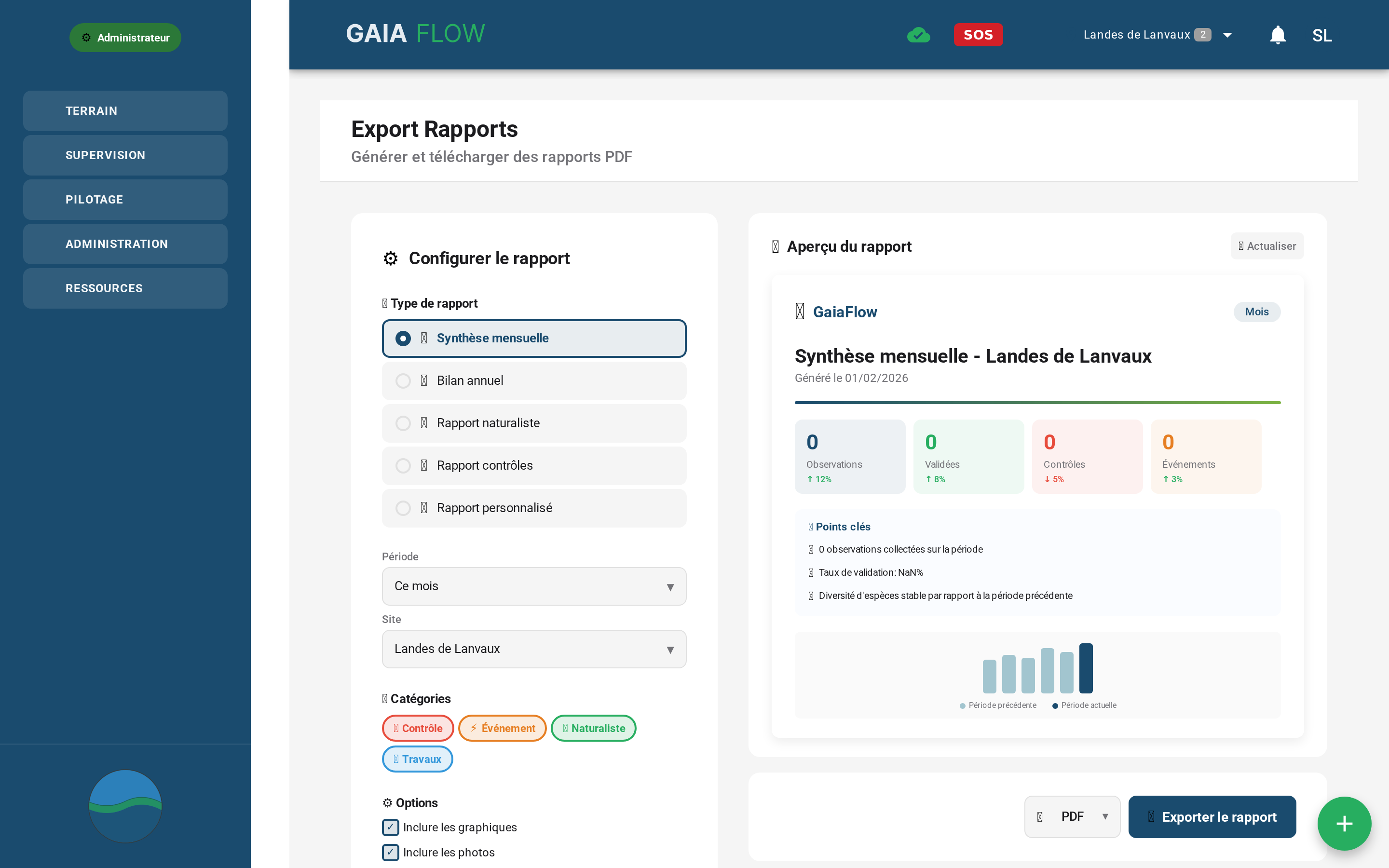 Export Rapports - Configuration du type, période et aperçu avant génération PDF